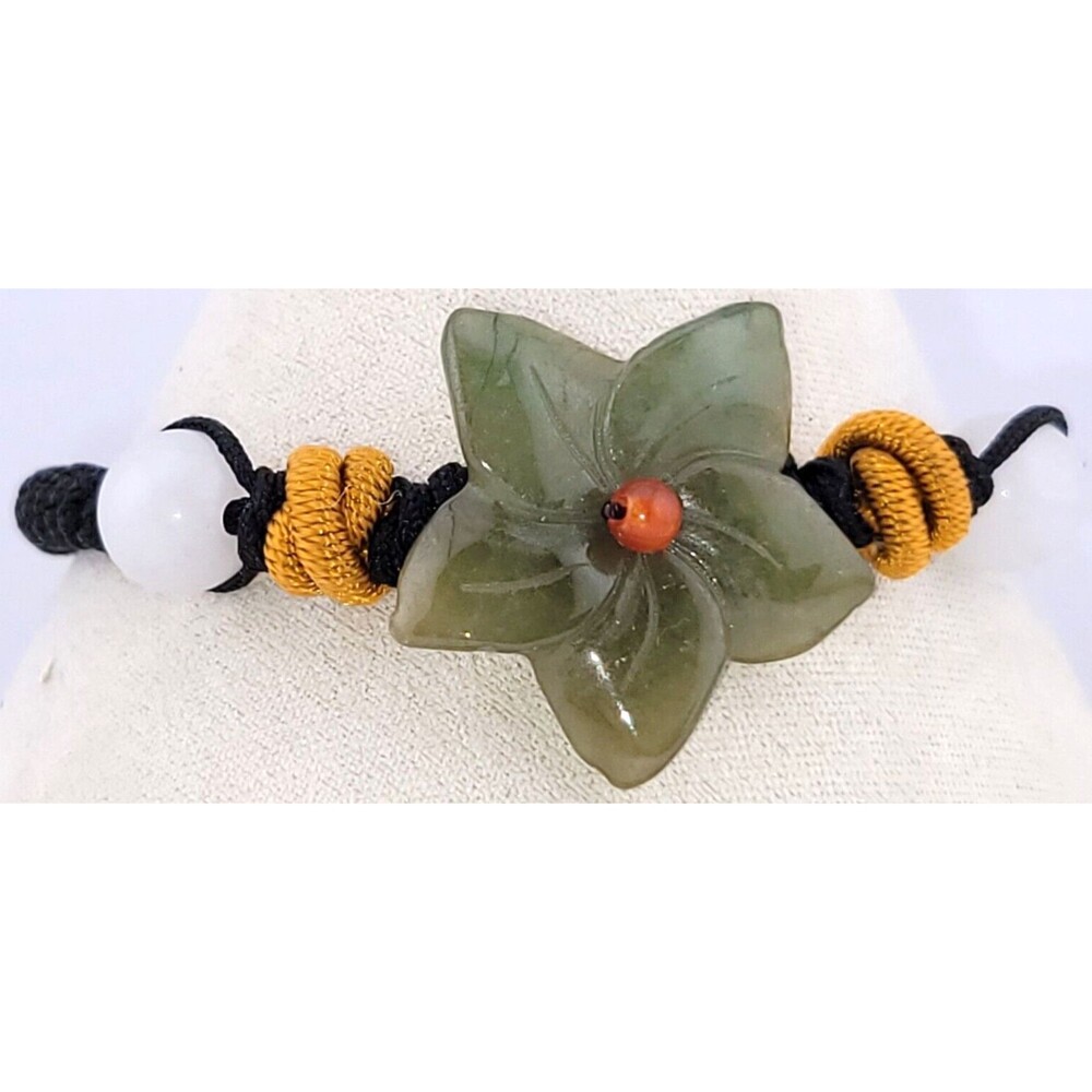 Vintage Green White Jade 🌸Flower Bracelet Adjustable Black Cord